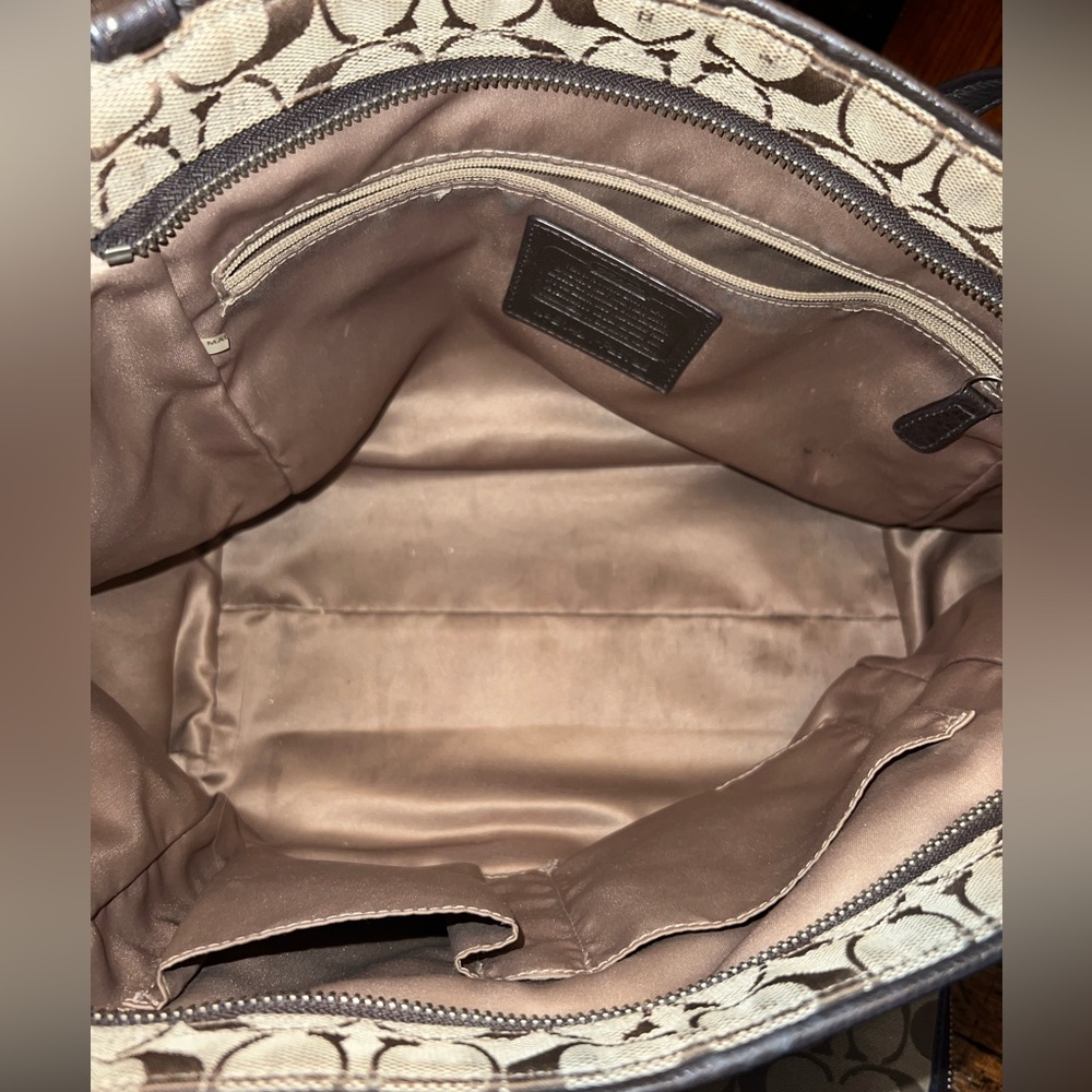 COACH PARK SIGNATURE CARRIE TOTE F28728
SILVER/KHAKI/MAHOGANY with WALLET - Picture 4 of 16